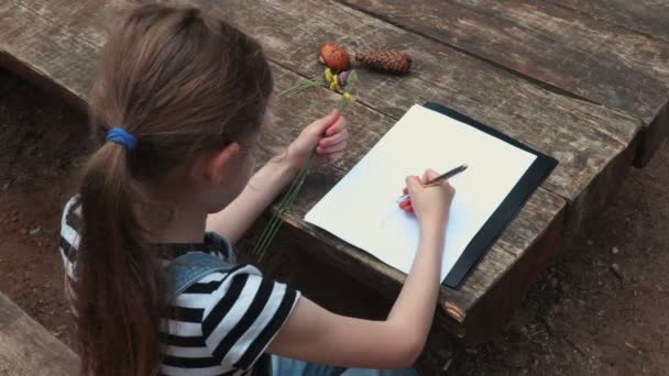 Маленькая Девочка Рисует Возле Стола Парке Вид Сверху — стоковое видео