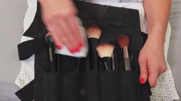 Mujer Limpieza Maquillaje Cepillos Cerca — Vídeo de stock