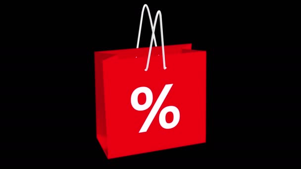Siyah Arka Planda Kırmızı Alışveriş Çantası Üzerinde Dönen Yüzde Kavramı — Stok video