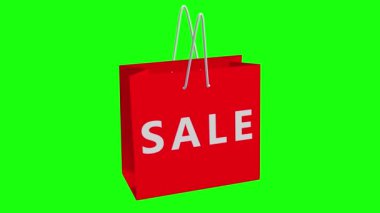 Yeşil ekranda kırmızı alışveriş çantası üzerinde dönen satış konsepti