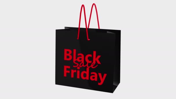 Rotating Black Friday Sale Concept Zwarte Boodschappentas Witte Achtergrond — Stockvideo