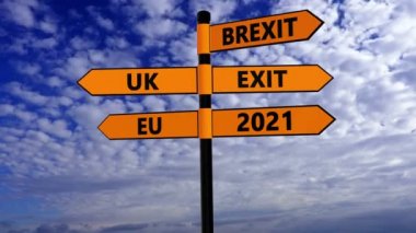 Brexit, Uk, Eu ve Exit konseptinin sarı renkli olduğu işaret direği