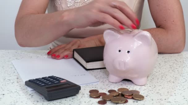 Woman Writing Using Calculator Piggy Bank — Stock Video