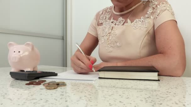 Woman Counting Money Put Coins Piggy Bank — Stock Video