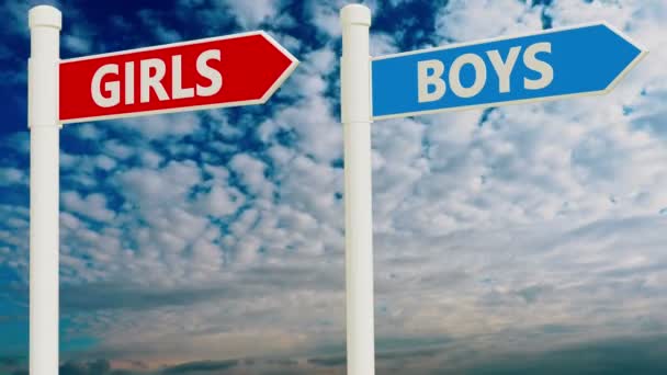 Dois Signposts Branco Com Meninas Meninos Conceito — Vídeo de Stock