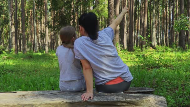 Mujer Hija Sentadas Banco Parque Disfrutando Naturaleza — Vídeo de stock