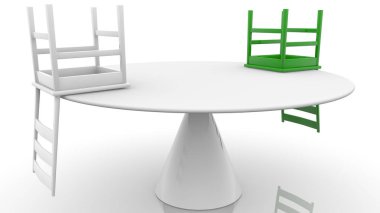 Masa kavramı ve yeşil beyaz iki sandalye.