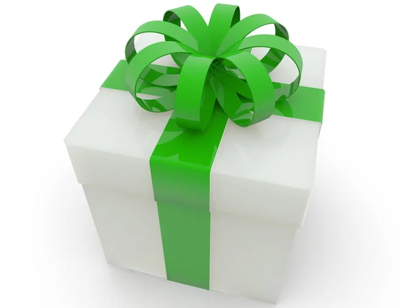 Біла Подарункова Коробка Зеленим Бантом — стокове фото