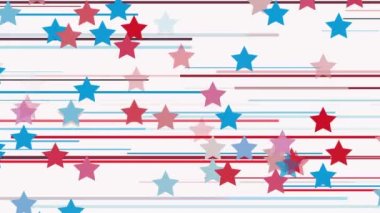 Mavi, beyaz ve kırmızı renkte hareket eden yıldızlar ve çizgiler