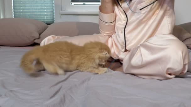 Γυναίκα Ντυμένη Πυτζάμα Παίζει Γάτα Της — Αρχείο Βίντεο