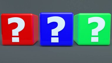 Soru işareti kavramına sahip üç renkli küp