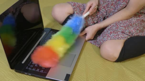 Mulher Limpeza Poeira Laptop — Vídeo de Stock