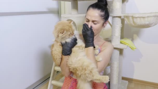 Wanita Yang Memegang Kucingnya Yang Bau — Stok Video