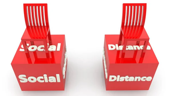 Two chairs on red cubes with social distancing concept