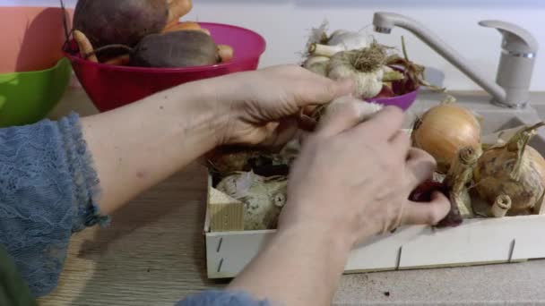 Woman Hands Cleaning Vegetables Kitchen — Stock Video