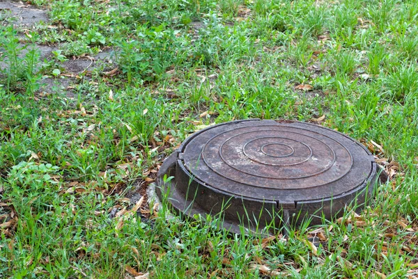 Çim, çim Park arka plan üzerinde metal su kapağı