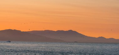 San Francisco Bay kuşlar, deniz araçları ve tepeler ile Pasifik Okyanusu üzerinde alacakaranlık gökyüzü fotoğrafı