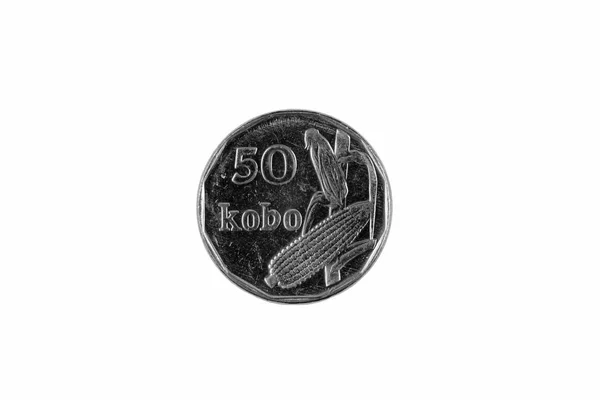Immagine Ravvicinata Una Moneta Nigeriana Kobo Isolata Sfondo Bianco — Foto Stock