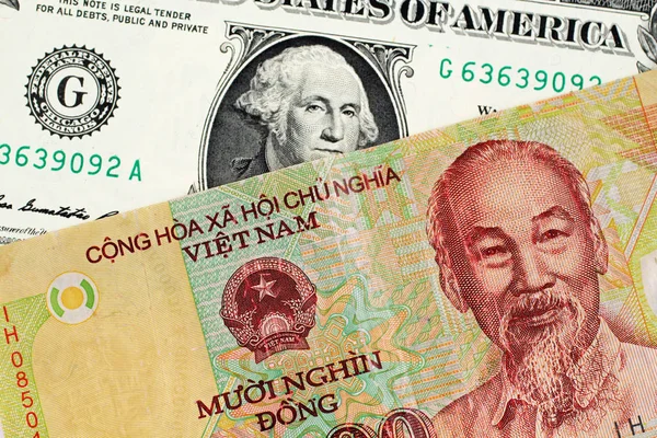 Ein Vietnamesischer Zehntausendong Schein Mit Einem Amerikanischen Ein Dollar Schein — Stockfoto