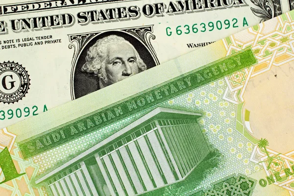Zamknij Obraz Zielony Jedna Uwaga Saudyjski Rachunku Jeden Dolar Amerykański — Zdjęcie stockowe