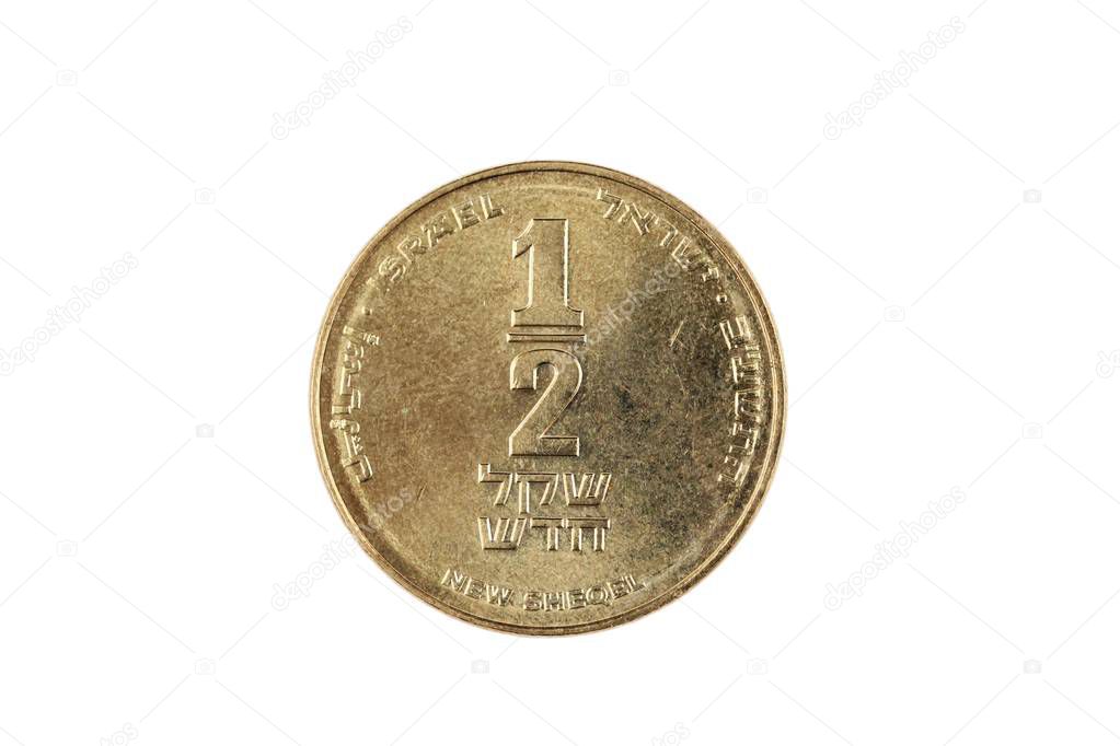 A super macro image of an Israeli Half Shekel Coin Isolated On A white Background