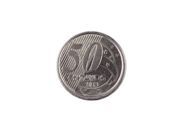 Beyaz bir arka plan üzerinde izole bir 50 centavo Brezilyalı madalyonun bir super makro görüntü