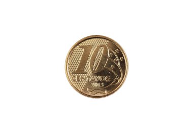Beyaz bir arka plan üzerinde izole bir 10 centavo Brezilyalı madalyonun bir super makro görüntü