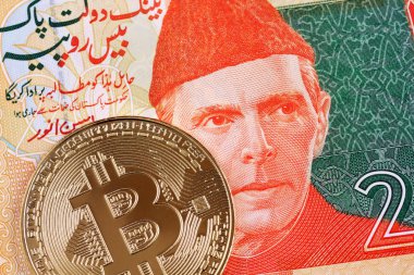 Bir görüntüyü 20 Pakistan Rupisi notu ile bir altın bitcoin