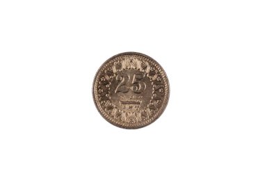 Beyaz bir arka plan üzerinde izole eski bir 25 Pakistan Rupisi madalyonun bir super makro görüntü
