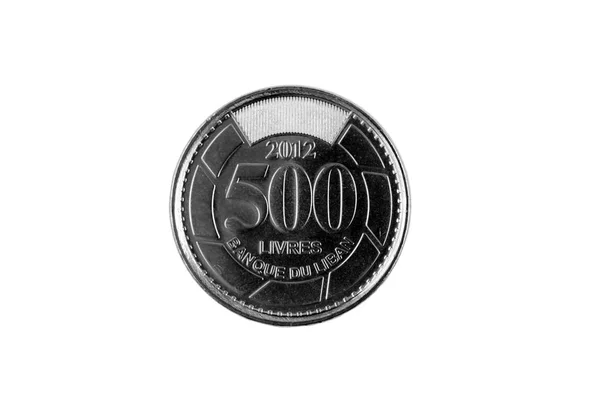 Super Makro Bild Ett Libanesiskt 500 Livres Mynt Isolerad Vit — Stockfoto