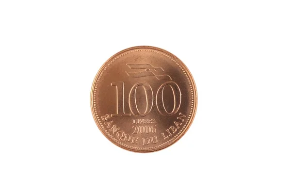 Super Makro Bild Ett Libanesiskt 100 Livres Mynt Isolerad Vit — Stockfoto