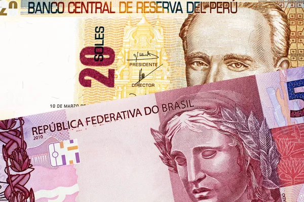 Egy Makró Képe Egy Húsz Perui Talp Bankjegy Egy Lila — Stock Fotó