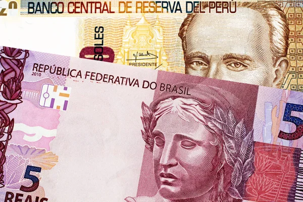 Macro Image Twenty Peruvian Soles Bank Note Purple Brazilian Five — Stock Photo, Image