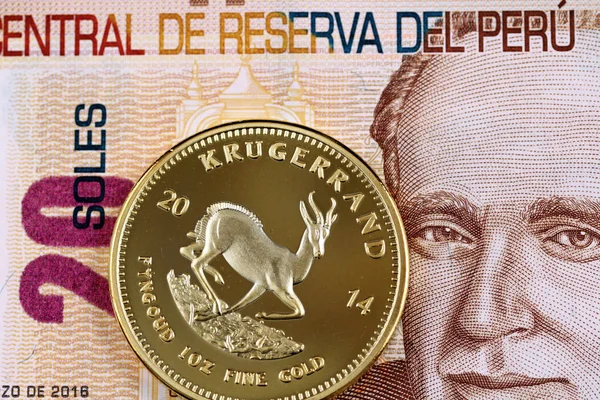 Una Imagen Cerca Una Moneda Oro Sudáfrica Kruggerand Con Billete —  Fotos de Stock