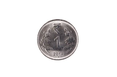 Aşırı bir yakın çekim bir Hint Rupisi bir madalyonun düz beyaz arka plan