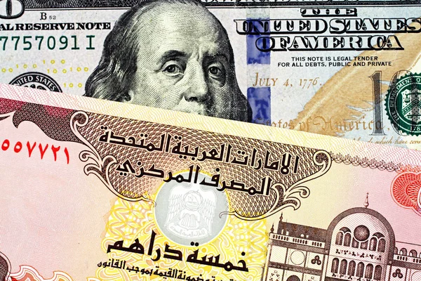 Zamknij Się Obraz Niebieski Amerykańskiego Banknotu Dolarowego Sto Zjednoczone Emiraty — Zdjęcie stockowe