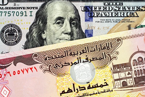 Zamknij Się Obraz Niebieski Amerykańskiego Banknotu Dolarowego Sto Zjednoczone Emiraty — Zdjęcie stockowe