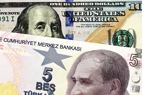 Close Image Blue American One Hundred Dollar Bill Five Turkish — Stock Photo, Image