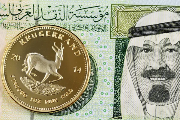 Krugerrand South Africa One Saudi Riyal Banknote Macro — Stock Photo, Image