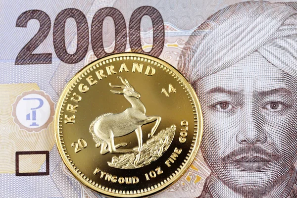 A gold South African krugerrand with a 2000 Indonesian rupiah bank note close up in macro