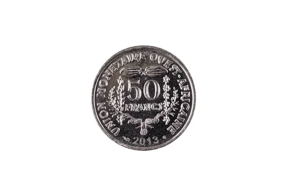 Närbild Bild Västafrikansk Franc Coin Isolerad Vit Bakgrund — Stockfoto