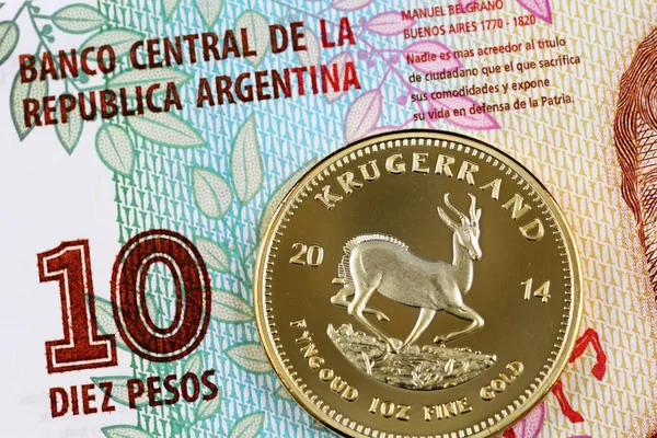 Une Macro Image Krugerrand Sud Africain Avec Billet Argentin Dix — Photo