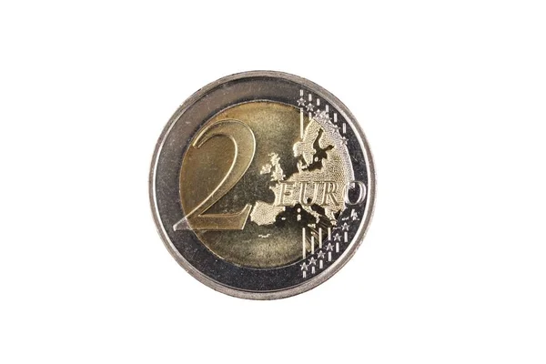 一个极端关闭两个欧元双金属硬币隔离在白色的背景 — 图库照片