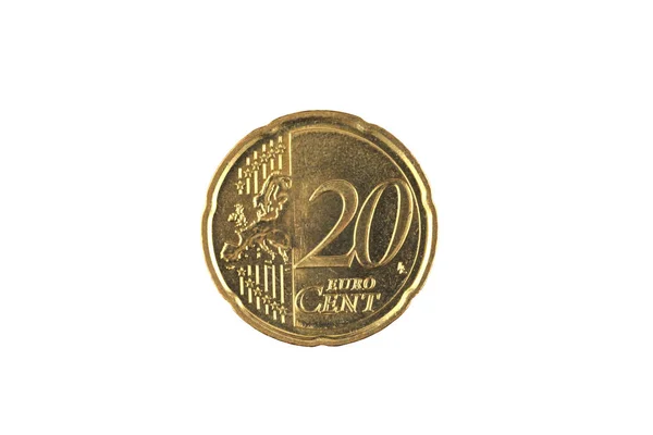 一个极端关闭一个金色的20欧元硬币隔离在白色背景 — 图库照片
