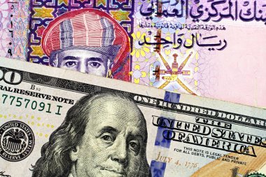 Renkli bir makroda bir Amerikan yüz dolarlık banknot ve bir Riyali notla Umman