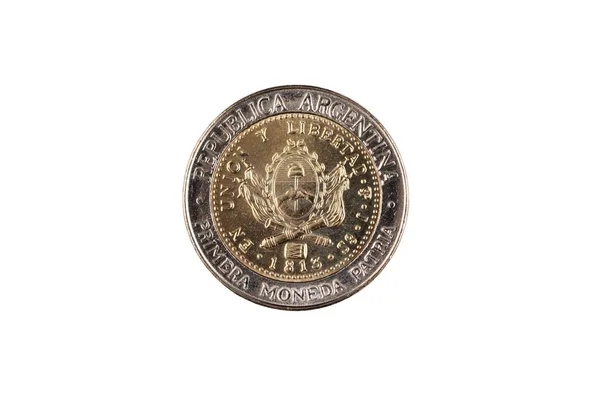 Zamknij Się Obraz Bimettalic Monet Jednego Peso Argentyńskie Białym Tle — Zdjęcie stockowe