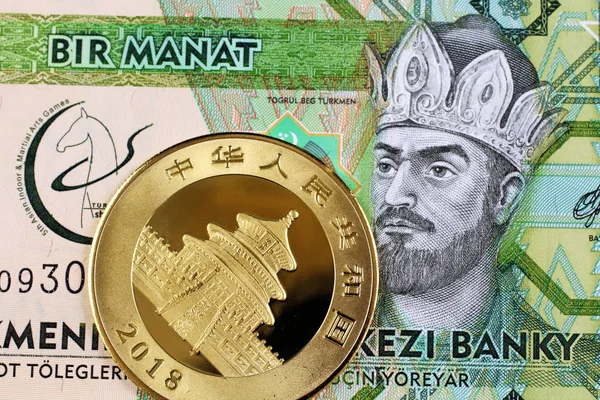 Närbild Bild Turkmensk Manat Sedel Med Ett Uns Kinesiska Guldmynt — Stockfoto