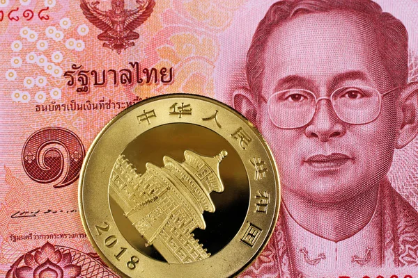 Macro Image Red 100 Thai Bhat Bank Note Chinese Gold — Stock Photo, Image