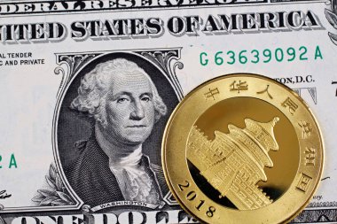 Görüntü bir Amerikalı bir dolar banka dekontunun bir ons altın Çin panda coin ile yakından