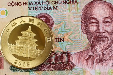 Bir Çinli bir ons altın sikke ile renkli bir on bin Vietnamca dong Not